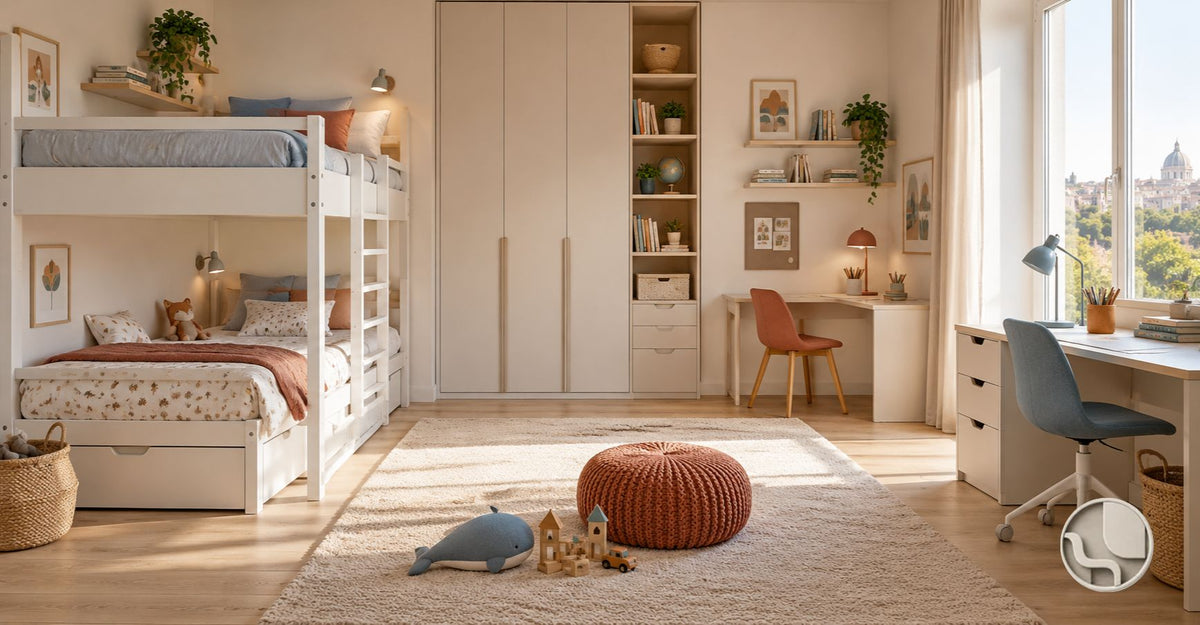 Cameretta completa per bambini con letto, scrivania e armadio bianchi