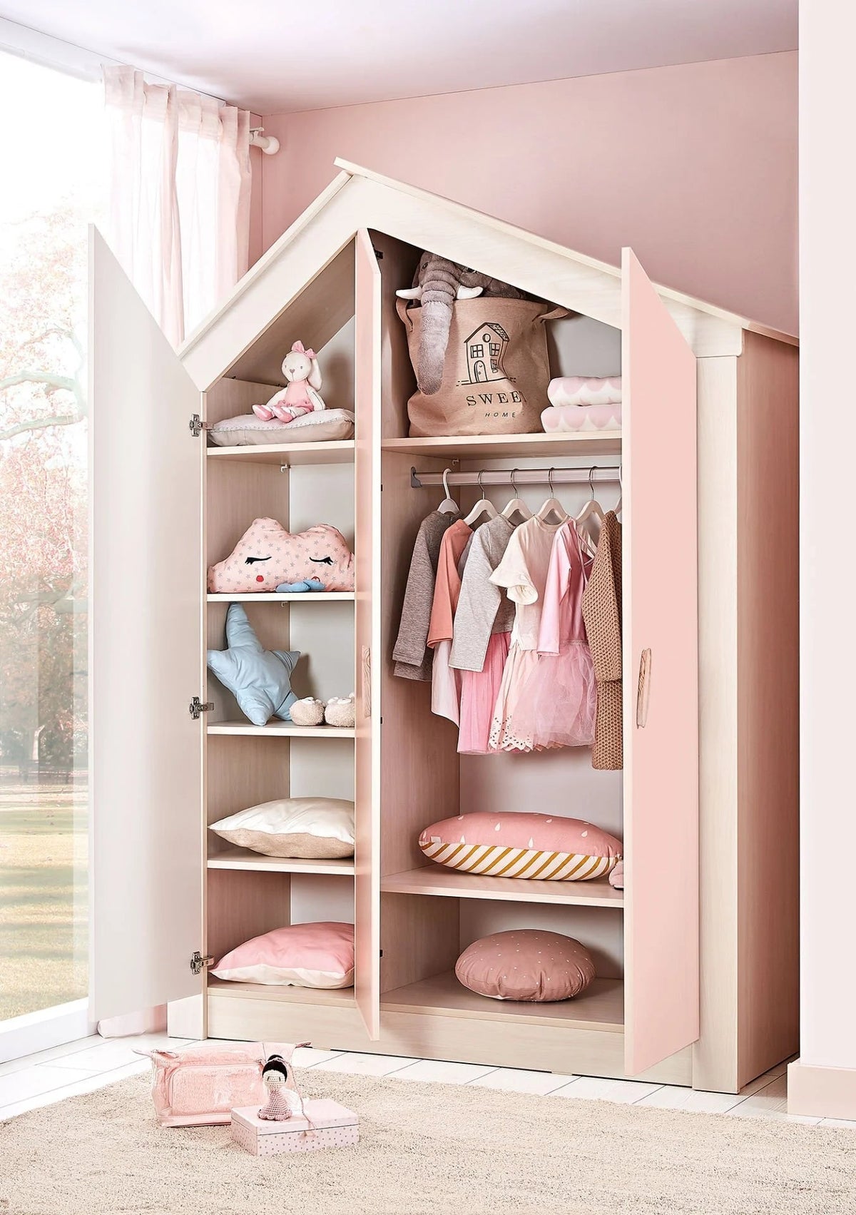Cameretta Completa Pink House Castello + Materasso OMAGGIO: Letto a Castello, Armadio e Cassettiera