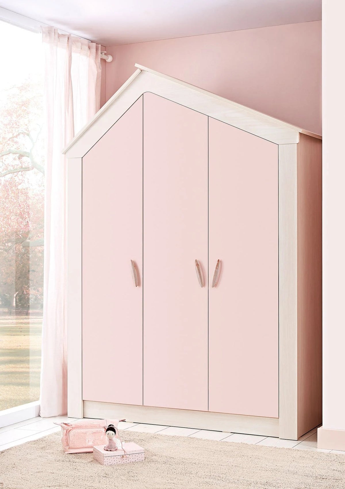 Cameretta Completa Pink House Castello + Materasso OMAGGIO: Letto a Castello, Armadio e Cassettiera