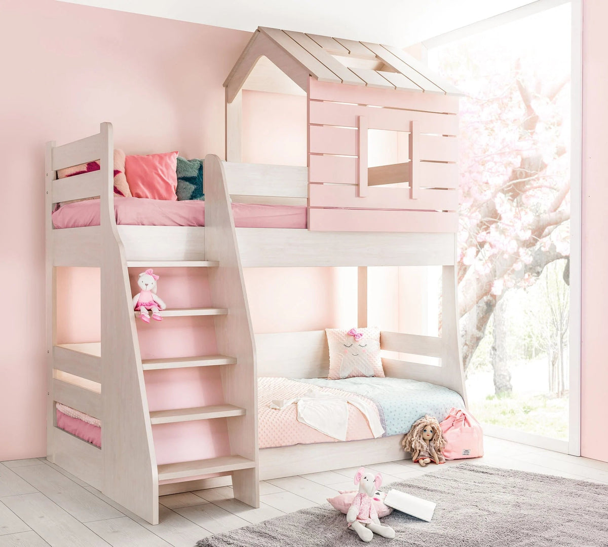 Cameretta Completa Pink House Castello + Materasso OMAGGIO: Letto a Castello, Armadio e Cassettiera
