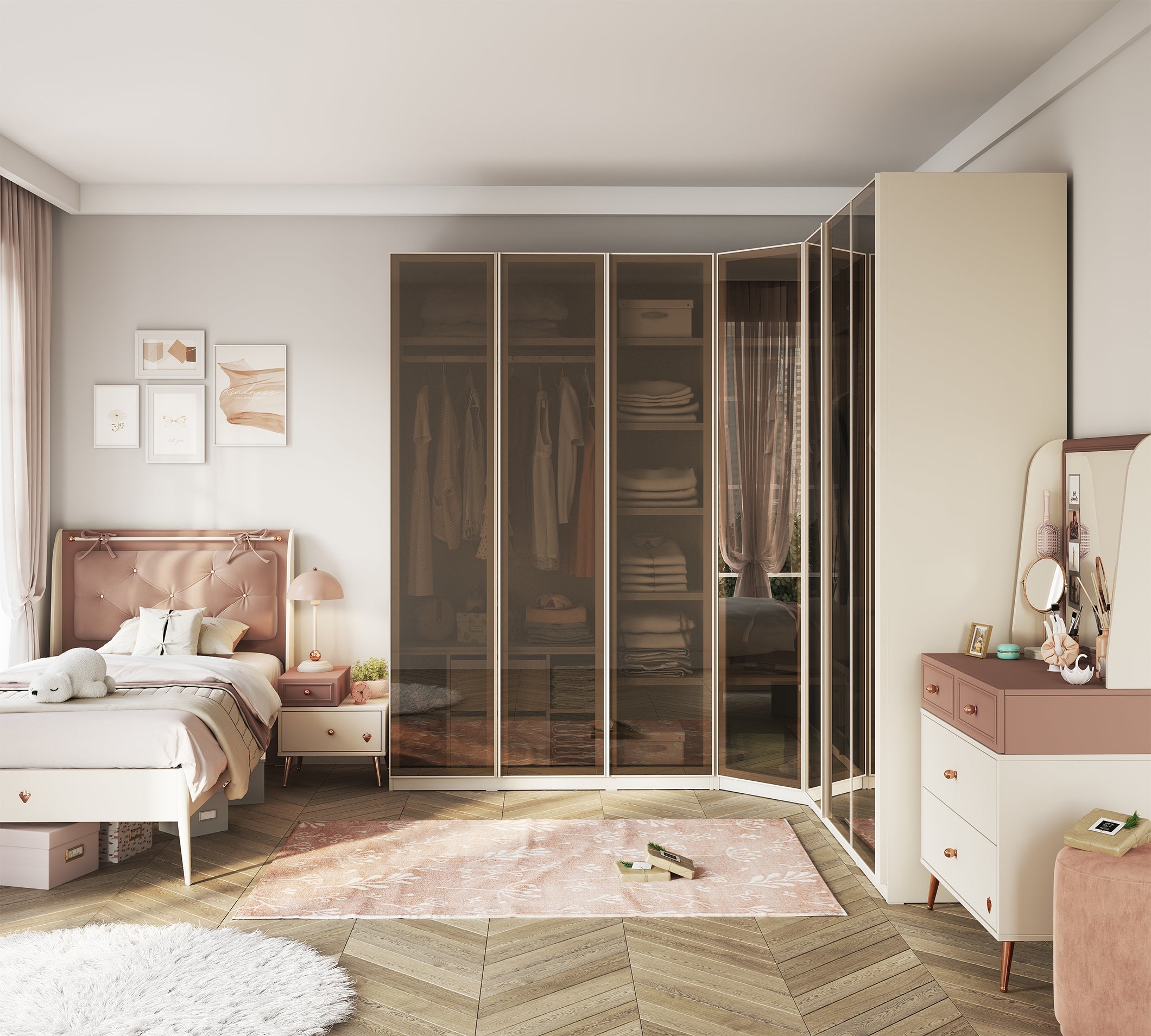 Armadio Angolare con Porta in Vetro (Crema)