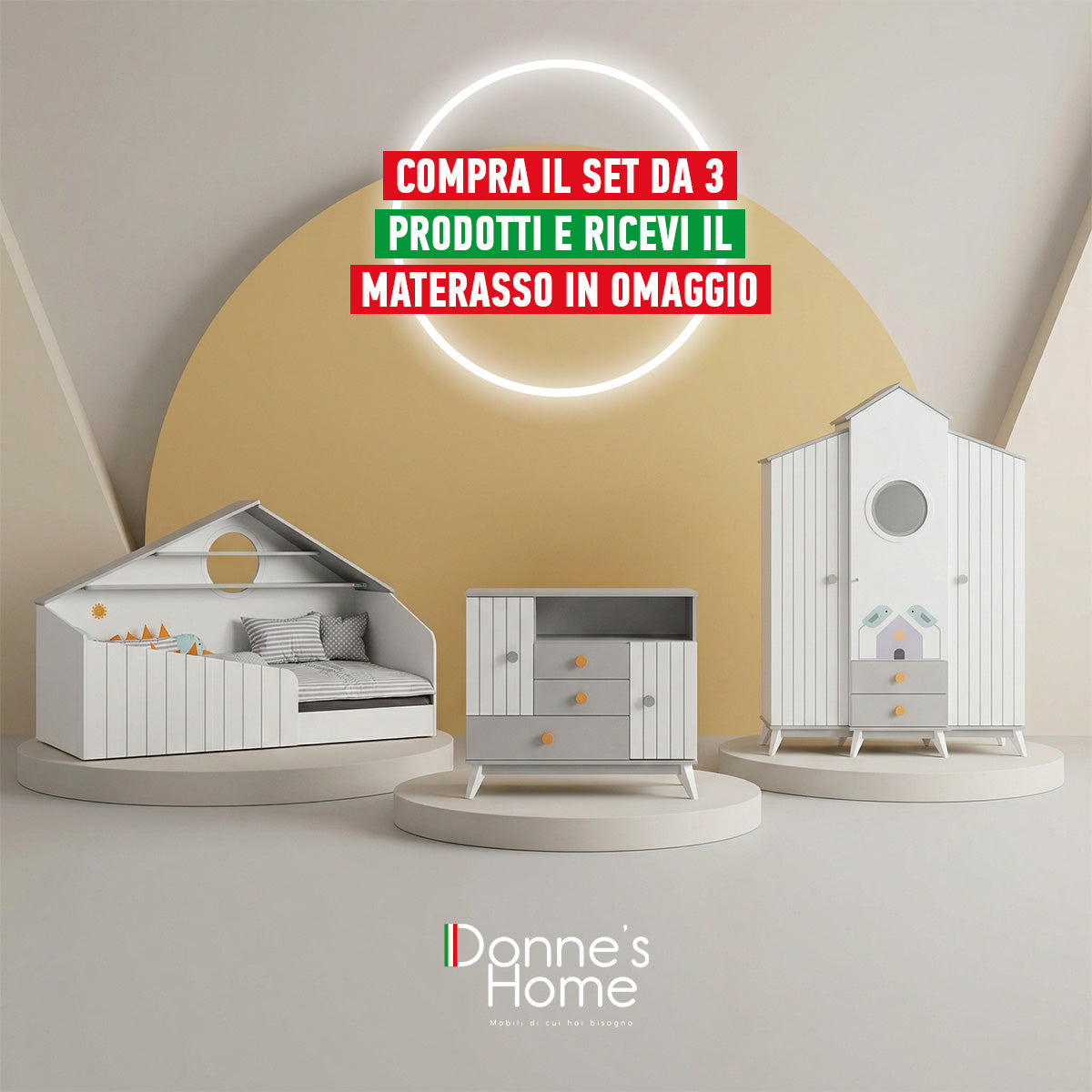 Cameretta Completa Bird House + Materasso OMAGGIO: Letto Montessori, Armadio e Comò