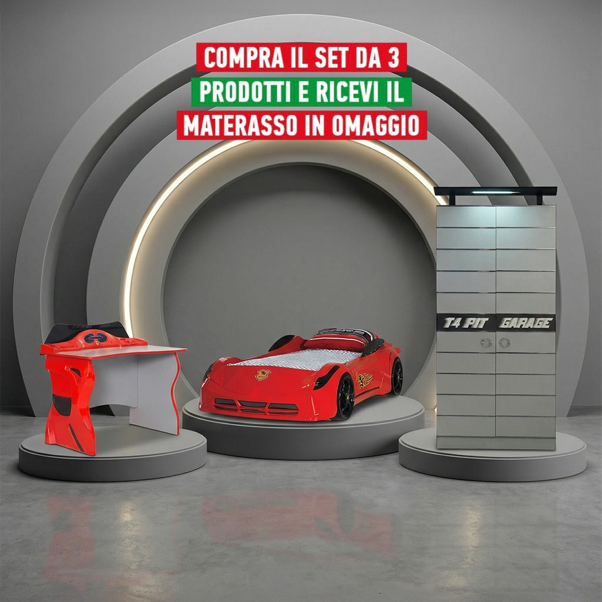 Cameretta Completa Garage + Materasso OMAGGIO: Letto Auto, Armadio e Scrivania