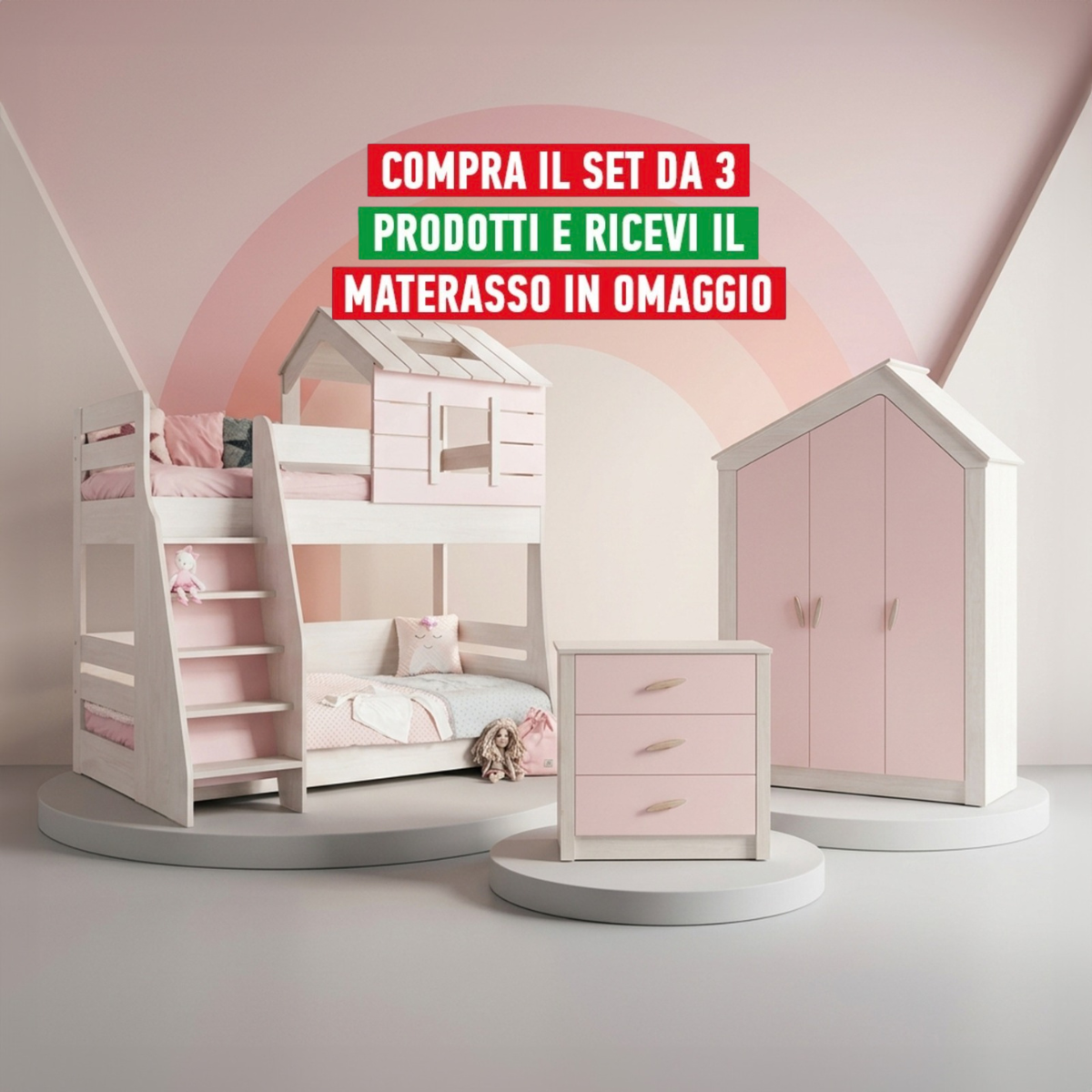 Cameretta Completa Pink House Castello + Materasso OMAGGIO: Letto a Castello, Armadio e Cassettiera