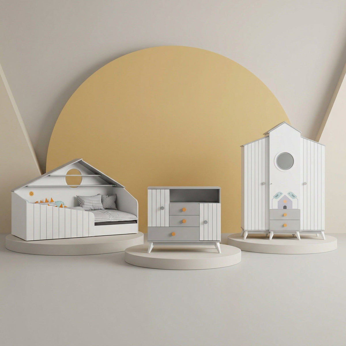 Cameretta Completa Bird House + Materasso OMAGGIO: Letto Montessori, Armadio e Comò