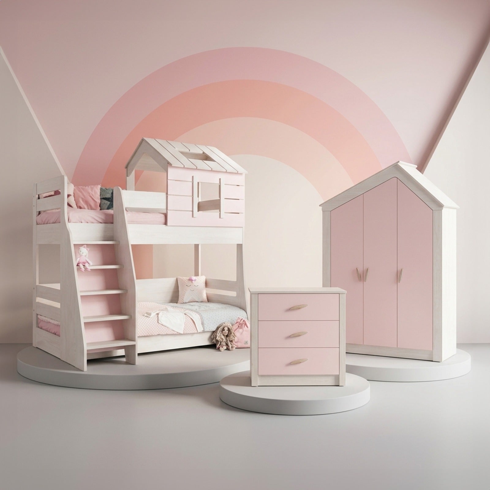 Cameretta Completa Pink House Castello + Materasso OMAGGIO: Letto a Castello, Armadio e Cassettiera