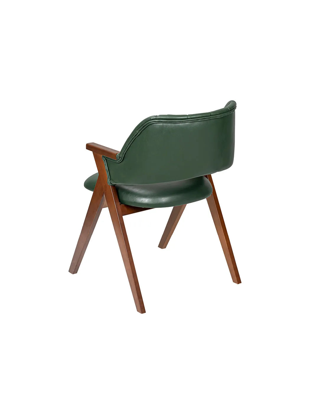 Sedia Malta vista posteriore di tre quarti, schienale avvolgente verde e gambe in legno ad A