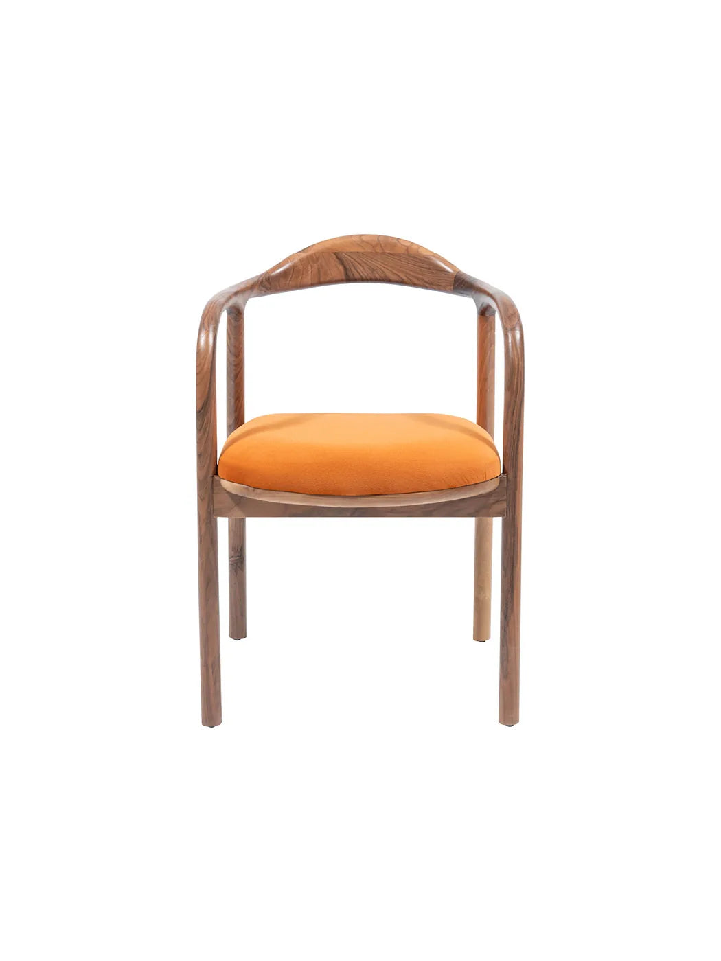 Sedia Sir Walnut vista frontale con schienale a fascia in legno noce e cuscino arancio