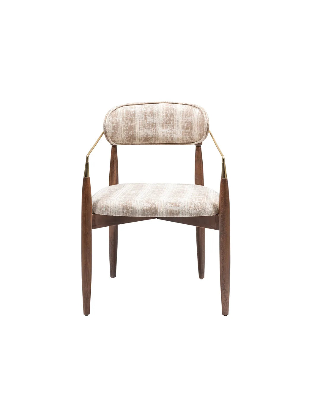 Sedia Sirius vista frontale, schienale ovale imbottito e gambe in legno tinto noce