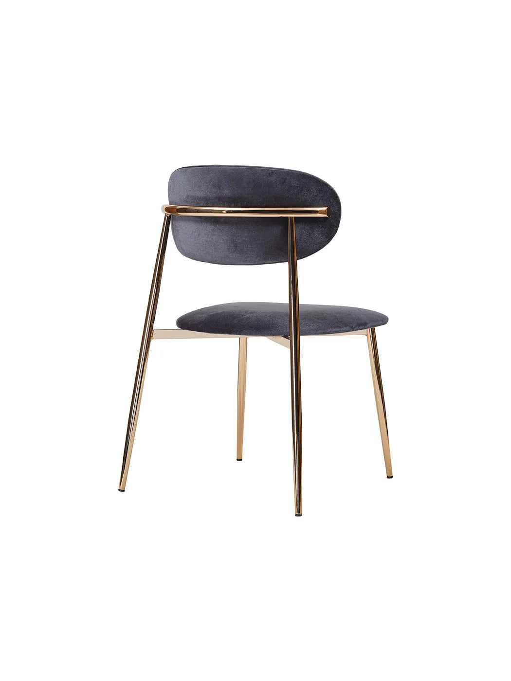 Sedia Viola Gold vista posteriore di tre quarti con traverso dorato sullo schienale